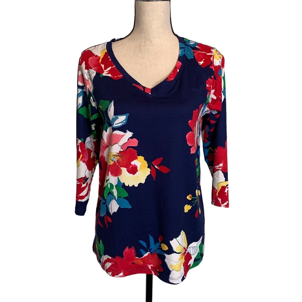 The Pioneer Woman Womens Top Small Floral Blue V Neck 3/4 Sleeve T Shirt
